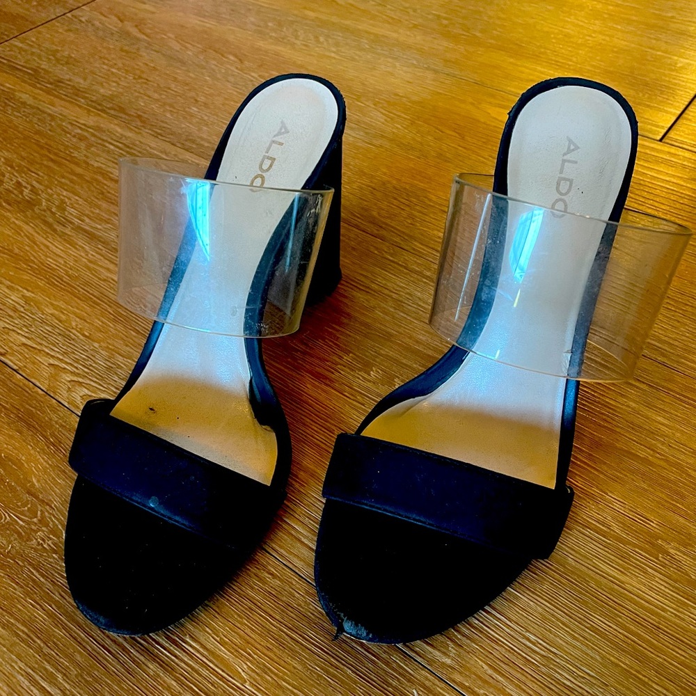 7.5 Aldo Clear Strap Chunky Heels Black